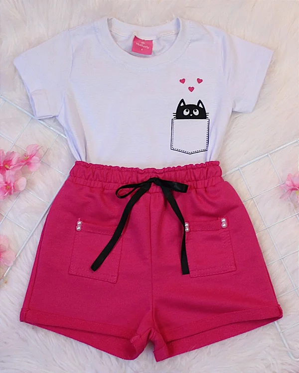 Conjunto Infantil Gatinho c/ Shorts Pink 2 ao 14