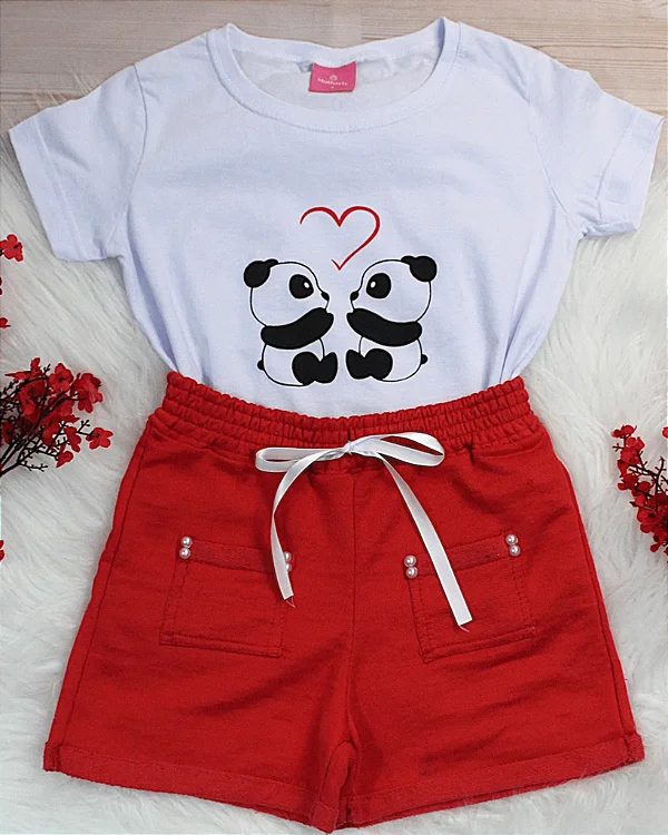 Conjunto Infantil Pandas c/ Shorts Vermelho 2 ao 14