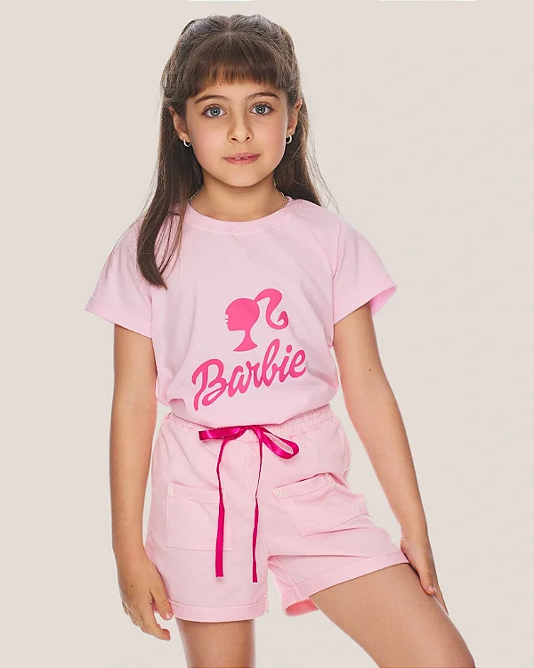 Conjunto Barbie Rosa Claro: Camiseta Algodão, Shorts 2 ao 14