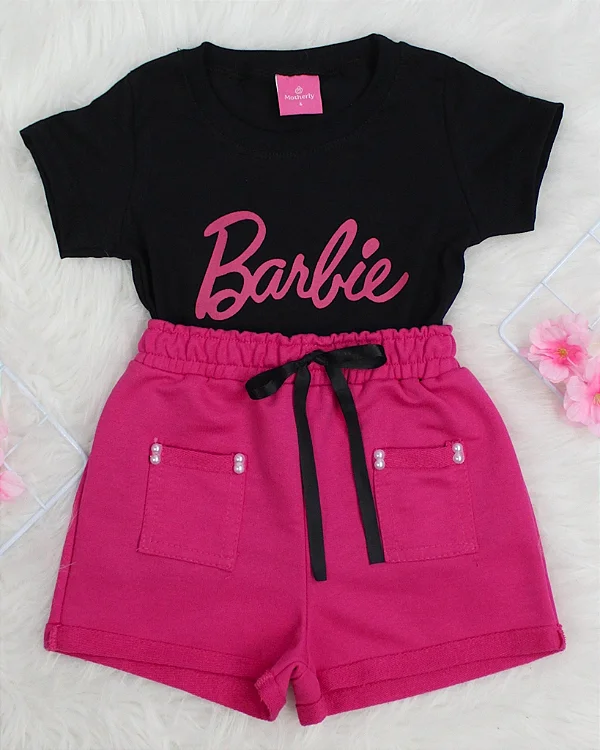Conjunto Infantil Barbie Preto c/ Shorts Pink 2 ao 14
