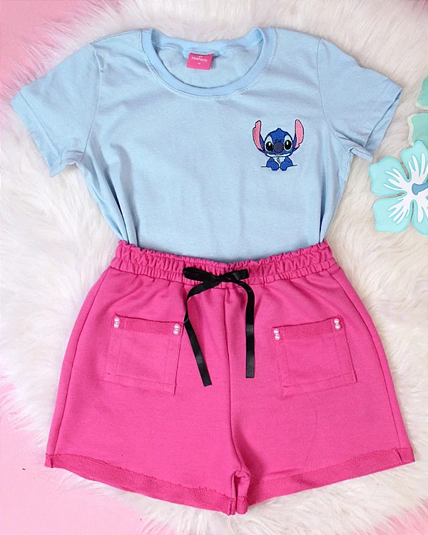 Conjunto Infantil Stitch Azul c/ Short Pink 2 ao 14