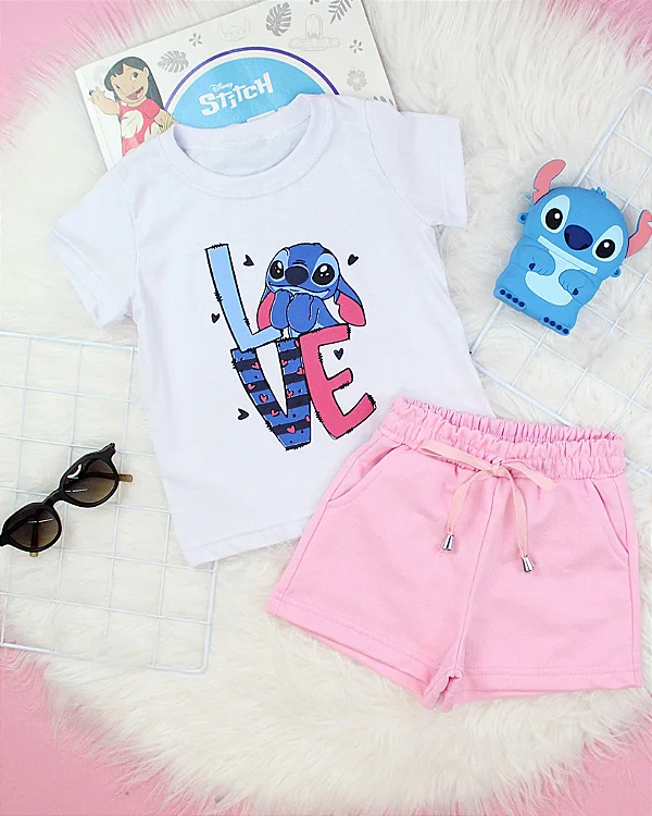 Conjunto Infantil Stitch Love c/ Shorts Rosa Claro 2 ao 14