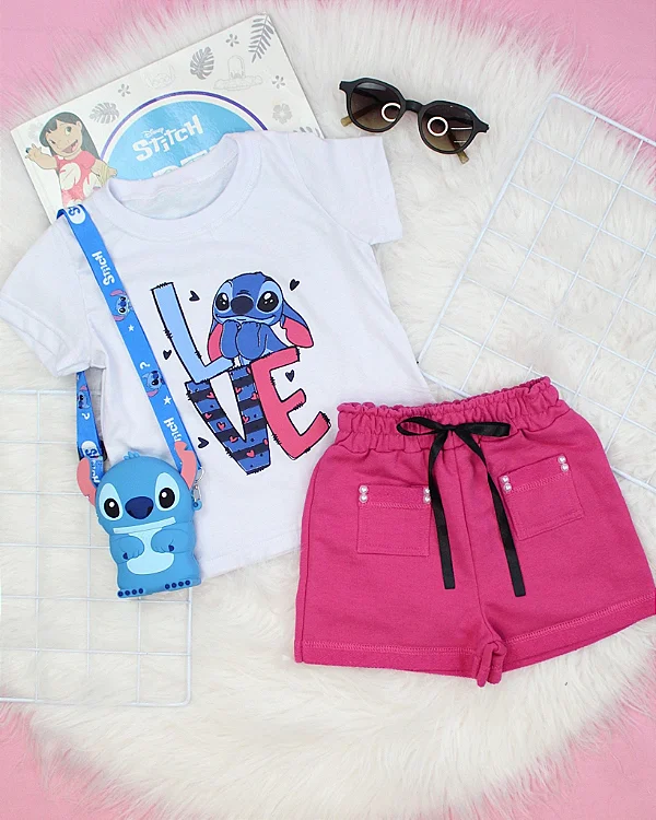Conjunto Infantil Stitch Love c/ Shorts Rosa Pérolas 2 ao 14