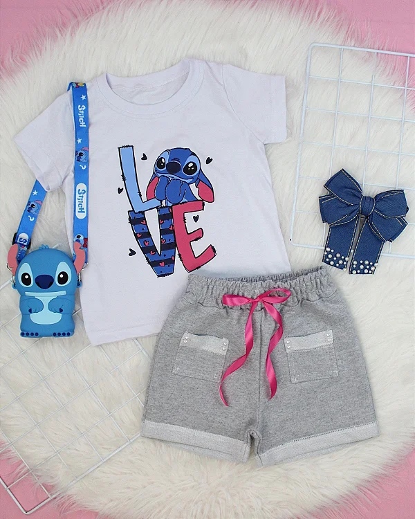 Conjunto Infantil Stitch c/ Shorts Mescla e Laço Rosa 2 ao 14