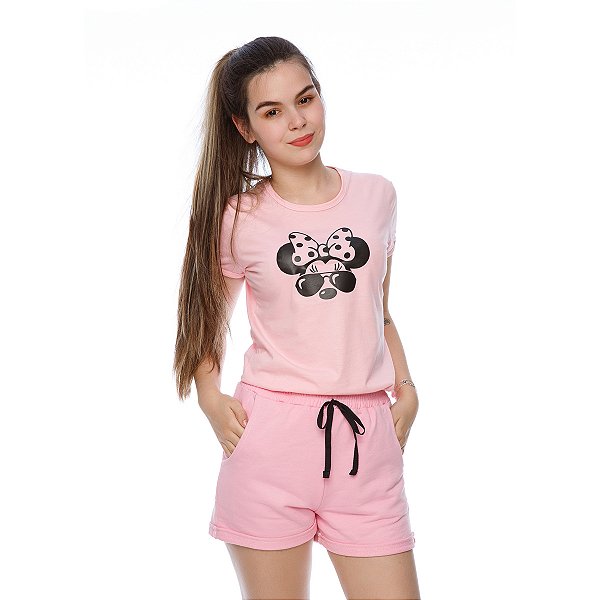 Conjunto Feminino Minnie + shorts rosa claro P ao GG