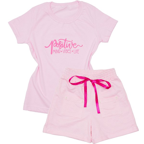 Conjunto Feminino camiseta Rosa positive +Short Rosa bb P ao GG