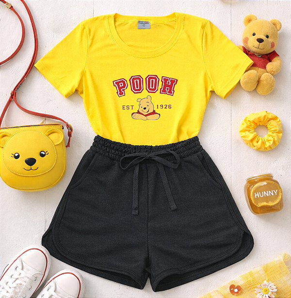 Conjunto verão infantil menina ursinho pooh shorts preto
