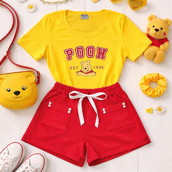 Conjunto verão infantil menina ursinho pooh shorts vermelho