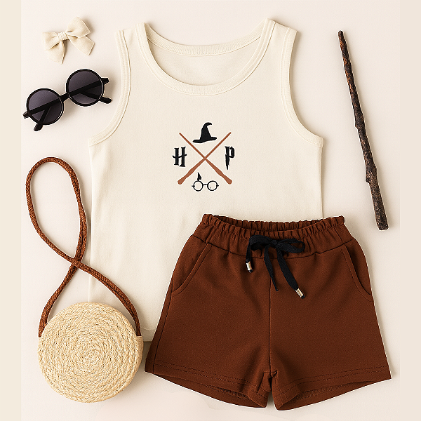 Conjunto verão infantil meninas harry potter shorts marrom