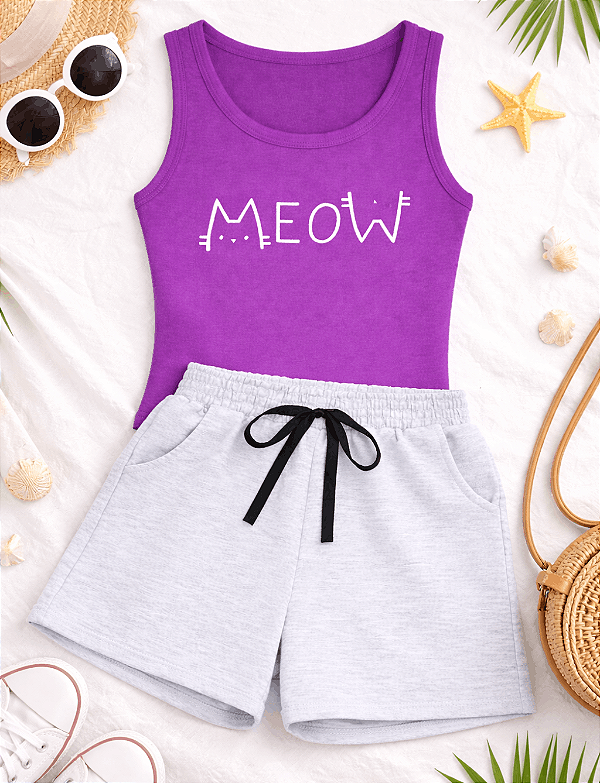 Conjunto Infantil Verão Regata Ribana roxa meow + Shorts