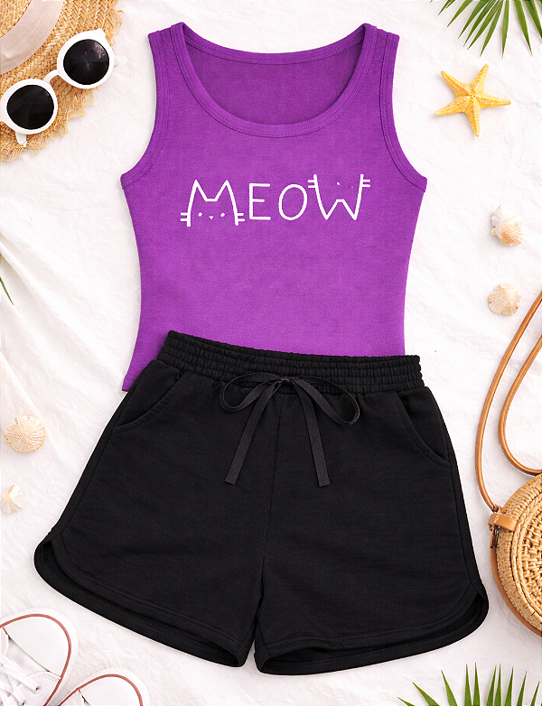 Conjunto Infantil Verão Regata Ribana roxa meow+Shorts preto