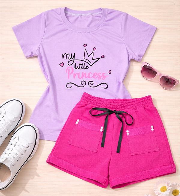 Conjunto verão infantil menina princess + shorts pink
