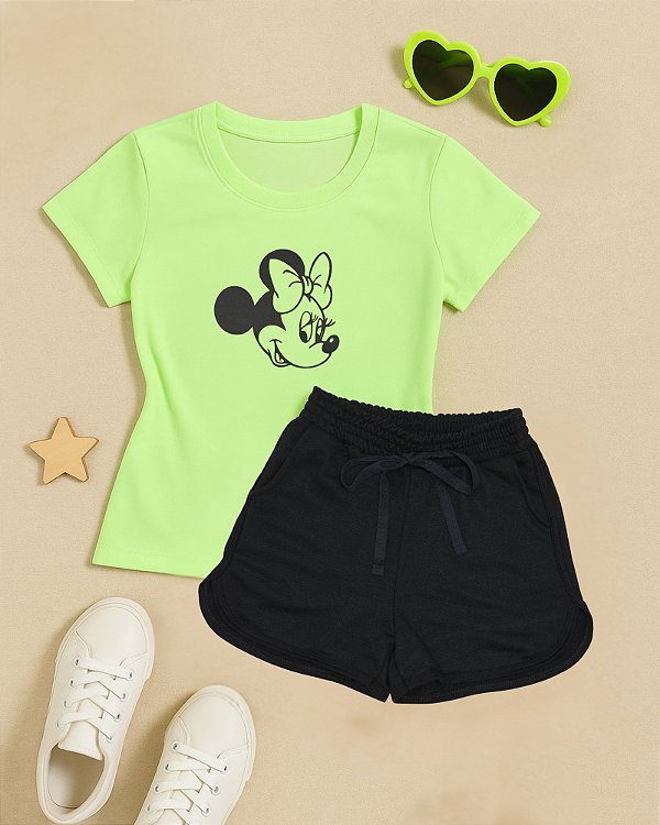 Conjunto Infantil Menina Minnie Camiseta + Shorts preto 2 a 14