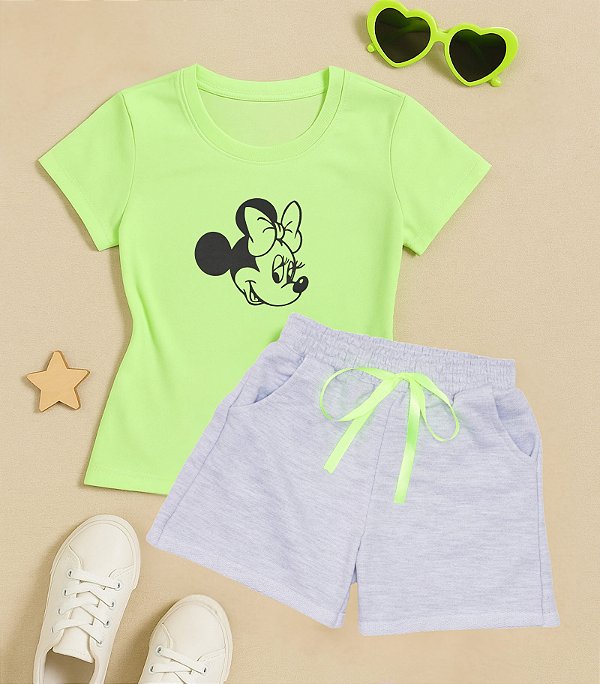 Conjunto Infantil Menina Minnie Camiseta+Shorts cinza 2 a 14