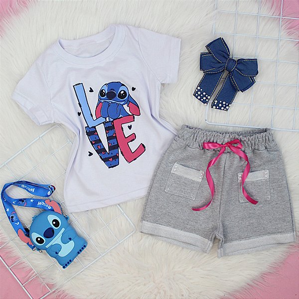 Conjunto Infantil Menina camisa Stitch  Shorts Mescla  2 a 14