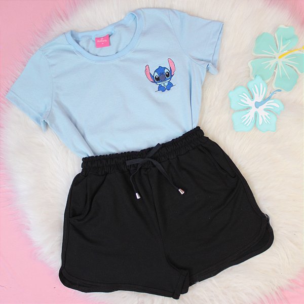 Conjunto Infantil Menina Camisa Azul Stitch Shorts Preto 2 a 14