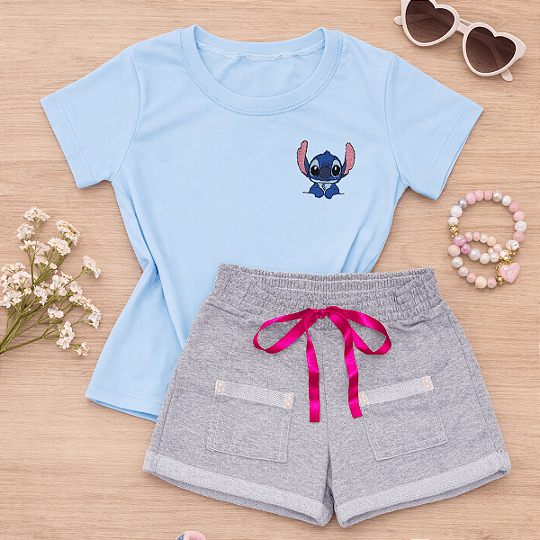 Conjunto Infantil Menina Camisa Azul Stitch Shorts Mescla 2 a 14
