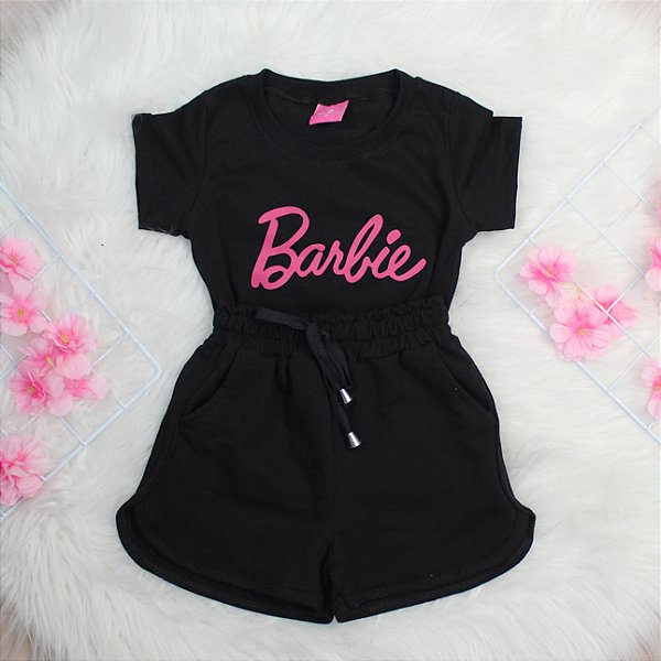 Conjunto Infantil Menina Camisa Preta Barbie Shorts Preto 2 a 14