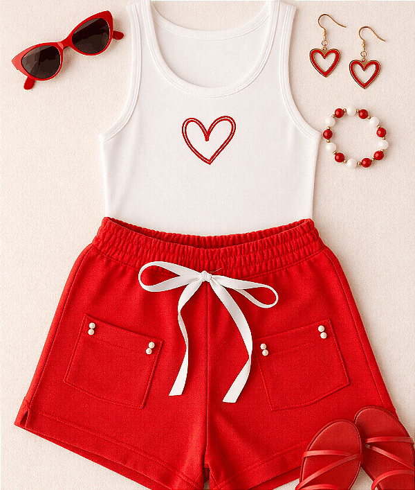 Conjunto Infantil Menina Regata Branca Coração Shorts vermelho 2 a 14