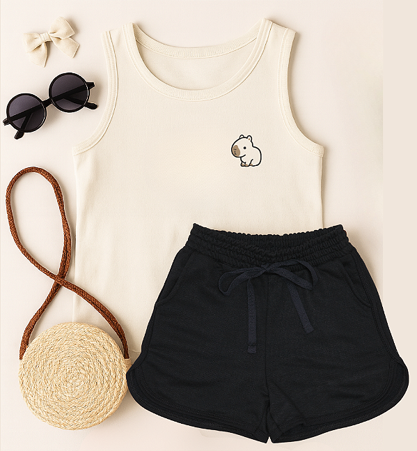 Conjunto Verão Infantil Meninas Regata Capivarta Shorts Preto