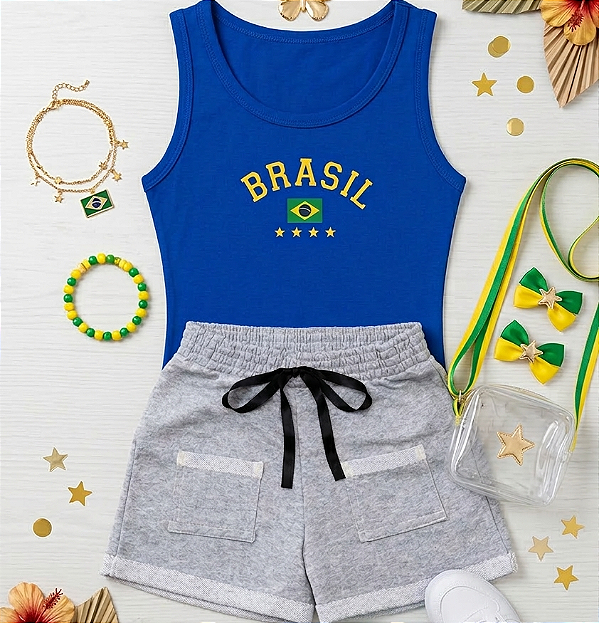 Conjunto Verão Infantil Meninas Regata Azul Brasil Shorts Mescla
