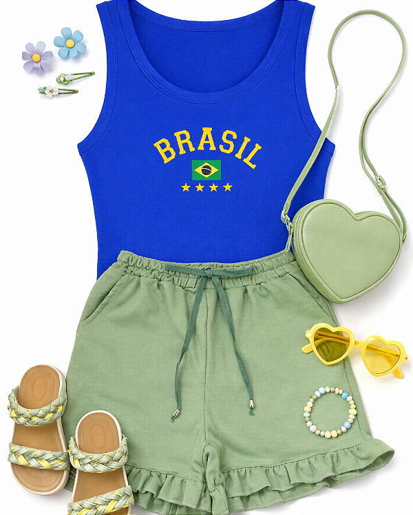 Conjunto Verão Infantil Meninas Regata Azul Brasil Shorts Verde