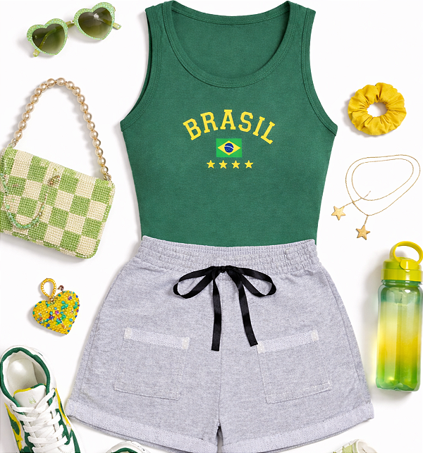Conjunto Verão Infantil Meninas Regata Verde Brasil Shorts Mescla