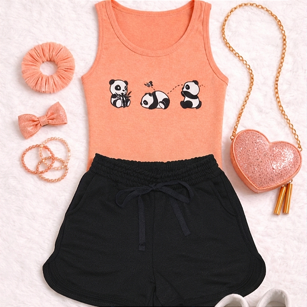 Conjunto Verão Infantil Meninas Regata Salmão Pandas Shorts Preto