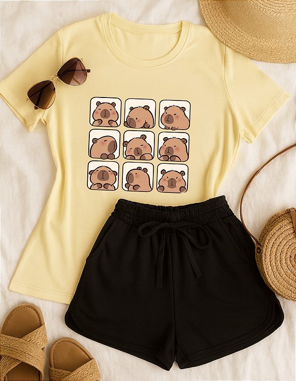 Conjunto Infantil Menina Camisa Capivara Shorts Preto 2 a 14