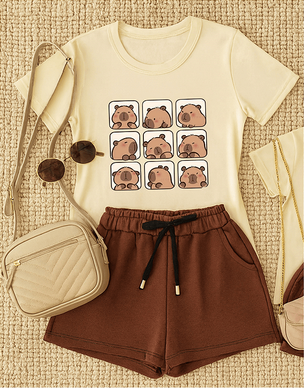 Conjunto Infantil Menina Camisa Capivara Shorts Marrom 2 a 14