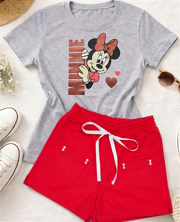 Conjunto Infantil Menina Camisa Mescla Minnie Shorts Vermelho 2 a 14