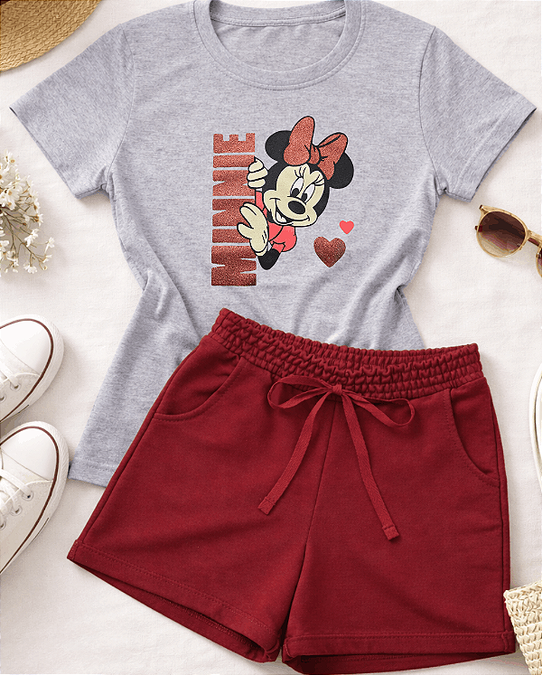 Conjunto Infantil Menina Camisa Mescla Minnie Shorts Bordô 2 a 14