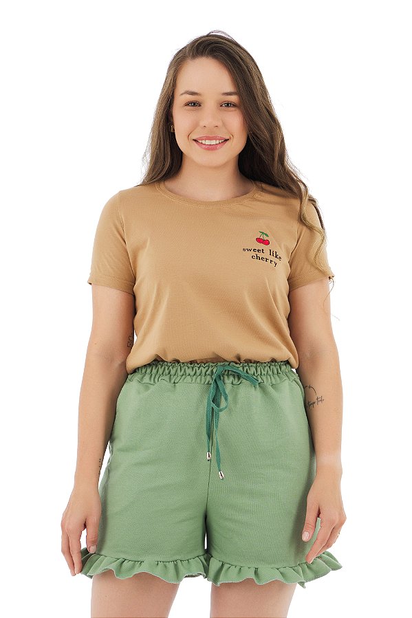 Conjunto Verão Feminino Camiseta Cereja Shorts Verde  P ao GG