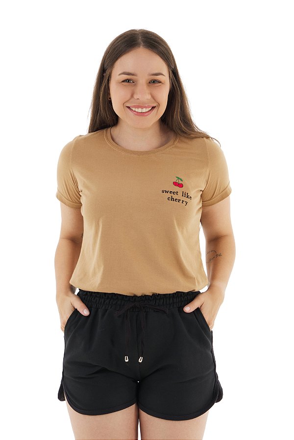 Conjunto Verão Feminino Camiseta Cereja Shorts Preto P ao GG