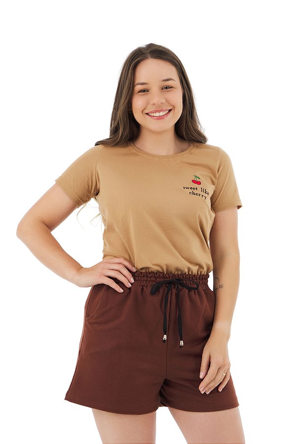 Conjunto Verão Feminino Camiseta Cereja Shorts Marrom  P ao GG