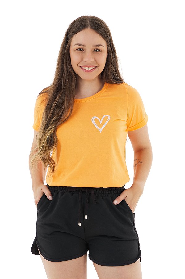 Conjunto Verão Feminino Camiseta Laranja Coração Shorts Preto P ao GG