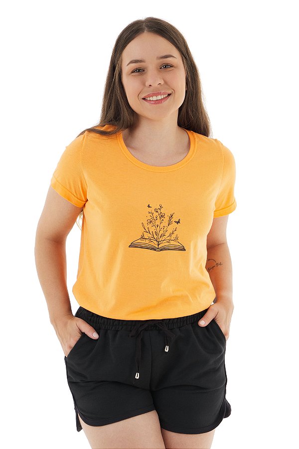 Conjunto Verão Feminino Camiseta Laranja Livro Shorts Preto P ao GG