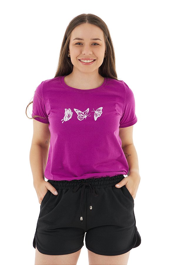 Conjunto Verão Feminino Camiseta Fúcsia Borboletas Shorts Preto P ao GG