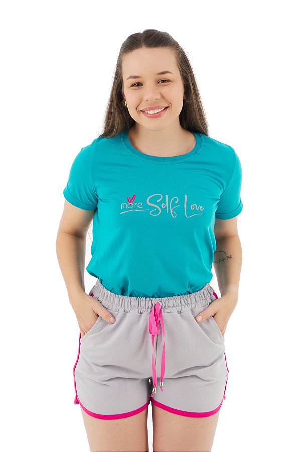 Conjunto Verão Feminino Camiseta Azul More Self  Shorts Gelo P ao GG