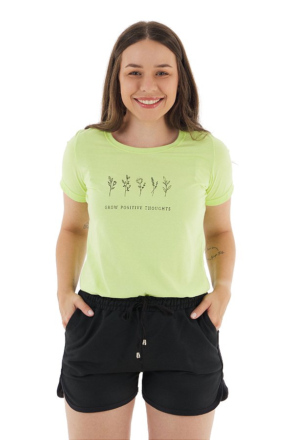 Conjunto Verão Feminino Camiseta Pistache Grow  Shorts Preto P ao GG