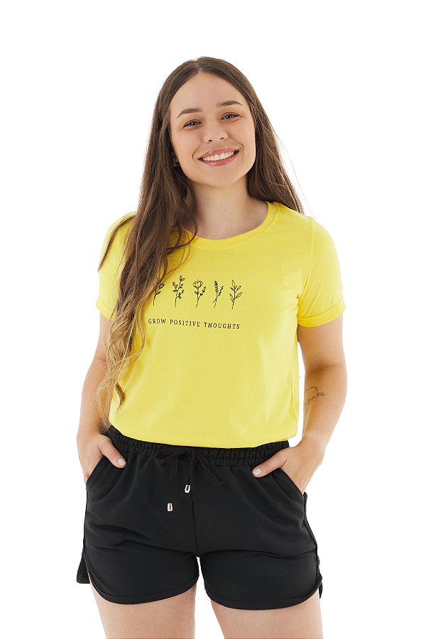 Conjunto Verão Feminino Camiseta Amarelo Grow  Shorts Preto P ao GG