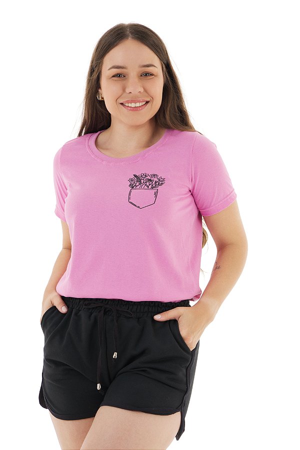 Conjunto Verão Feminino Camiseta Blush Bolso Flores  Shorts Preto P ao GG