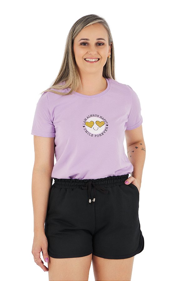 Conjunto Verão Feminino Camiseta lilás Emoji Shorts Preto P ao GG
