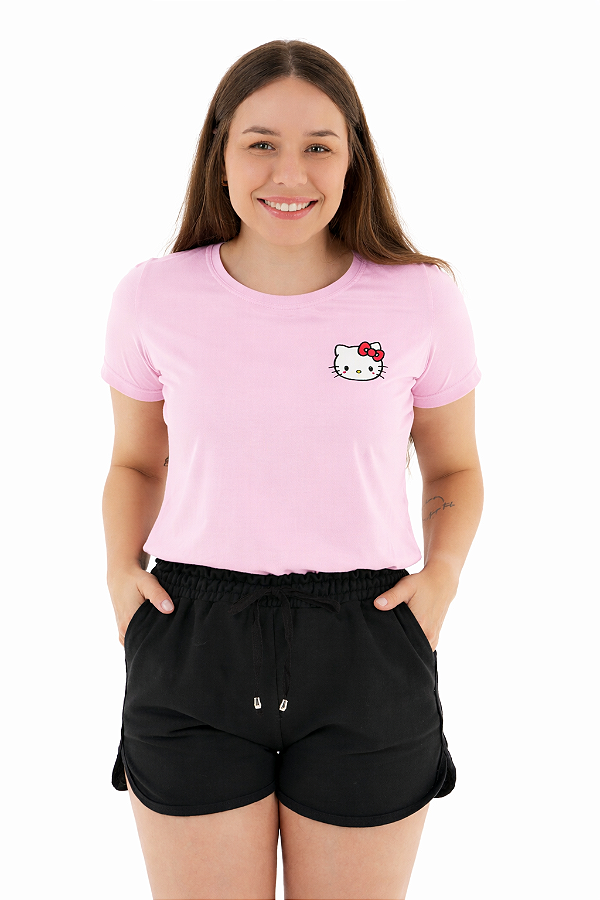 Conjunto Verão Feminino Camiseta Rosa Hello Kitty   Shorts Preto P ao GG