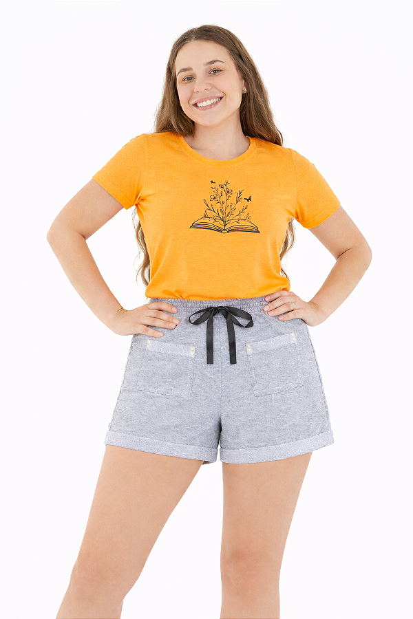Conjunto Verão Feminino Camiseta Laranja Livro Shorts Mescla P ao GG