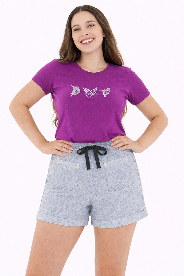 Conjunto Verão Feminino Camiseta Fúcsia Borboletas Shorts Mescla P ao GG