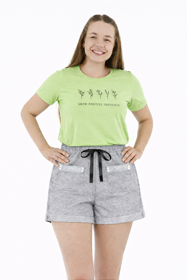 Conjunto Verão Feminino Camiseta Pistache Grow  Shorts Mescla P ao GG