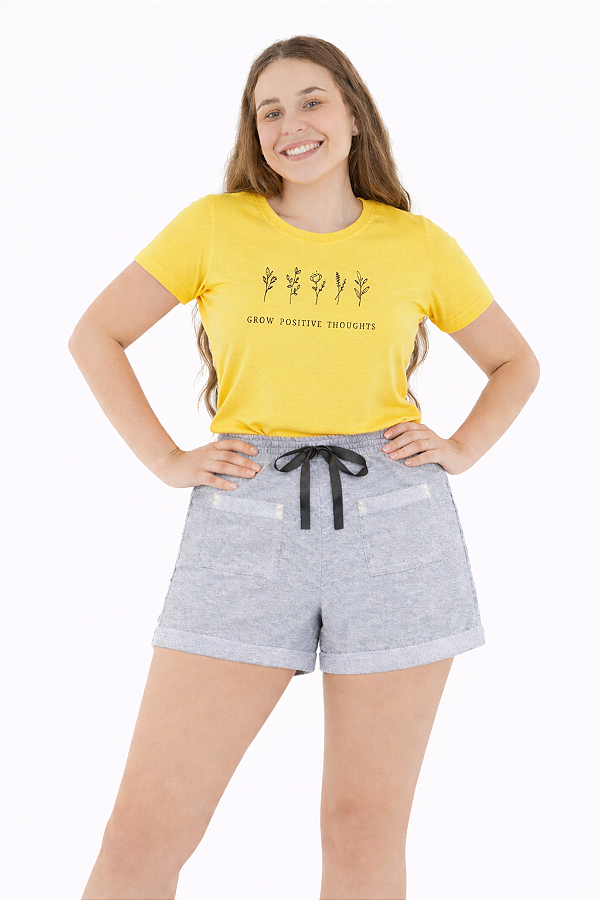 Conjunto Verão Feminino Camiseta Amarela Grow  Shorts Mescla P ao GG