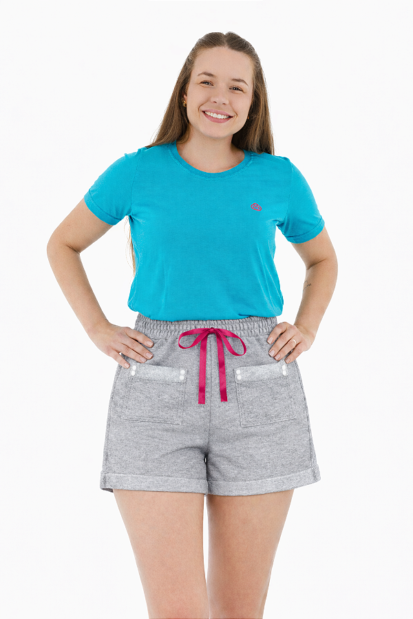 Conjunto Verão Feminino Camiseta Azul Piscina Logo Shorts Mescla P ao GG