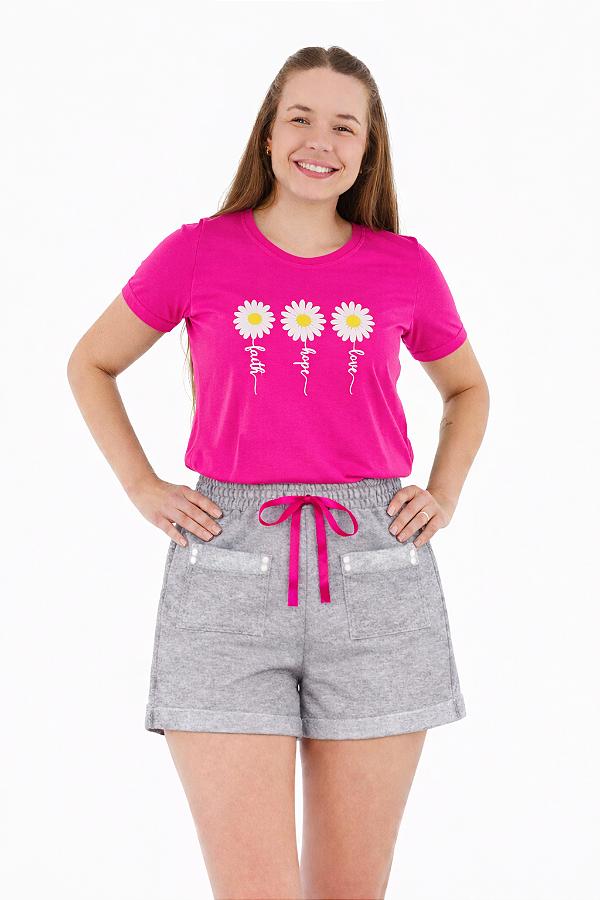 Conjunto Verão Feminino Camiseta Pink Margaridas  Shorts Mescla P ao GG